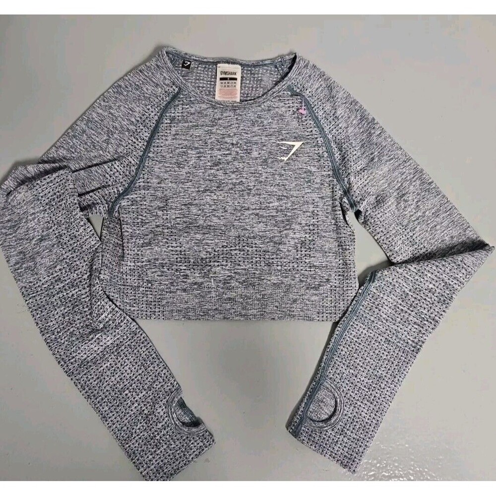 Gymshark Cropped Long Sleeve Thumb Hole Athletic Top Women’s Size S Heather Blue